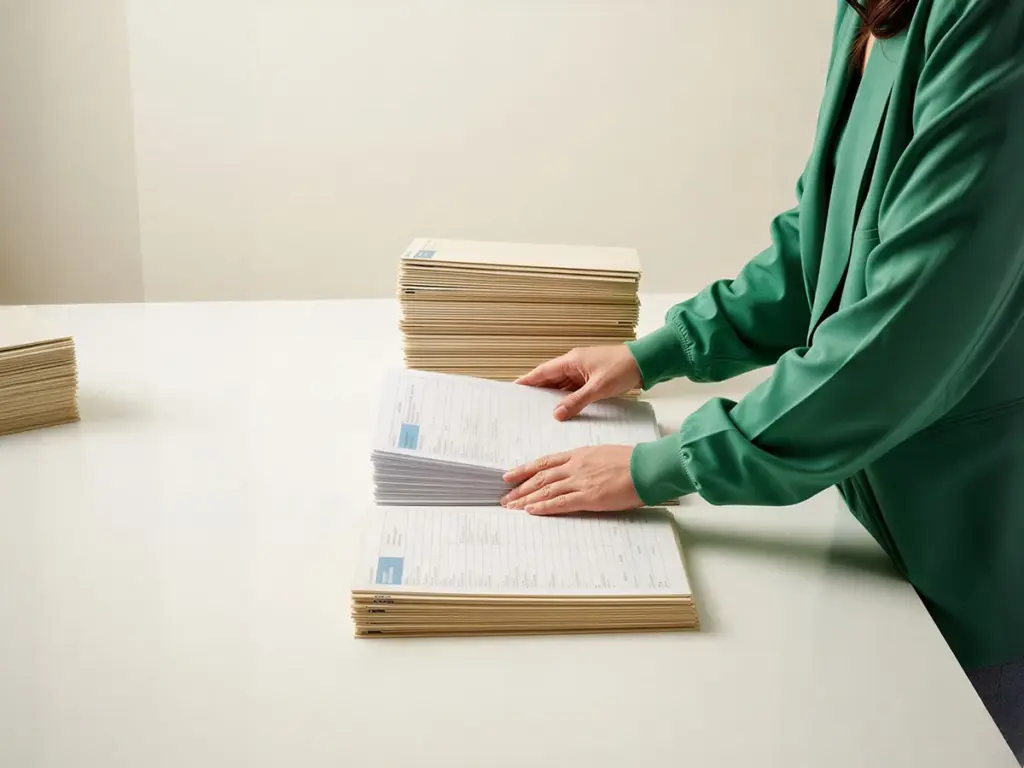 Hands sorting stacks of papers on a white desk
