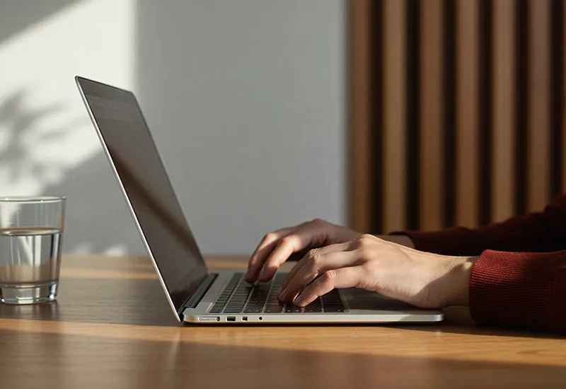 Hands typing on a laptop at a wooden desk