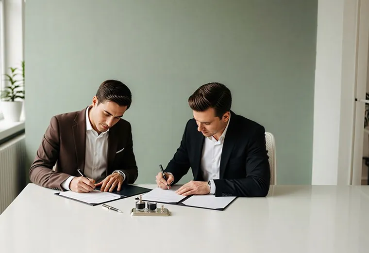 Two men signing their returns at a white desk