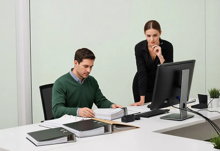 A bookkeeper at his desk with a colleague looking on
