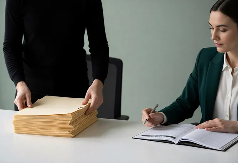 A stack of files handed across a desk