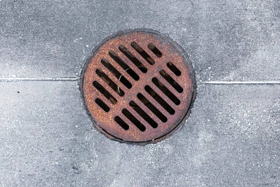 A round drain grate set in a concrete floor