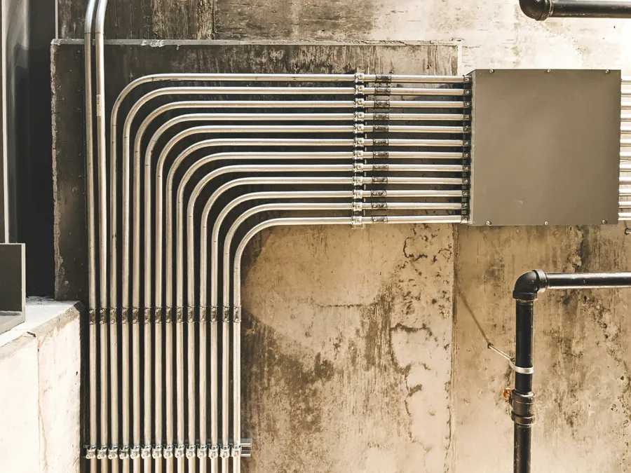 Rows of metal pipes running along a concrete wall