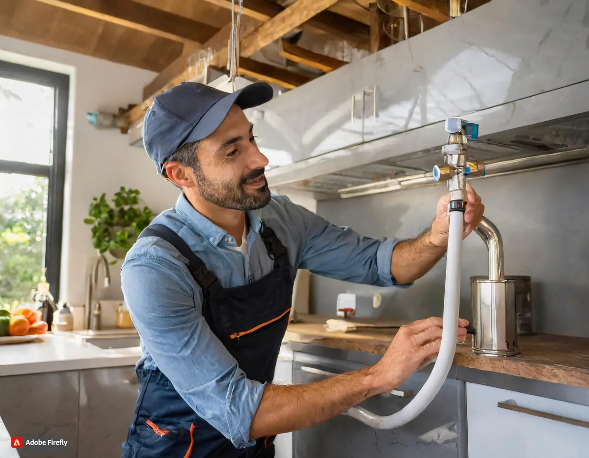 A plumber in a cap fixing the pipework of a kitchen sink