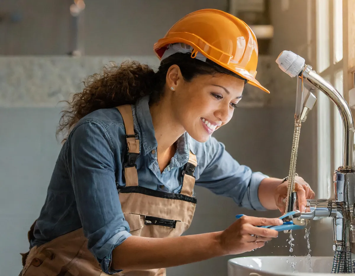A plumber in an orange hard hat repairing a bathroom tap