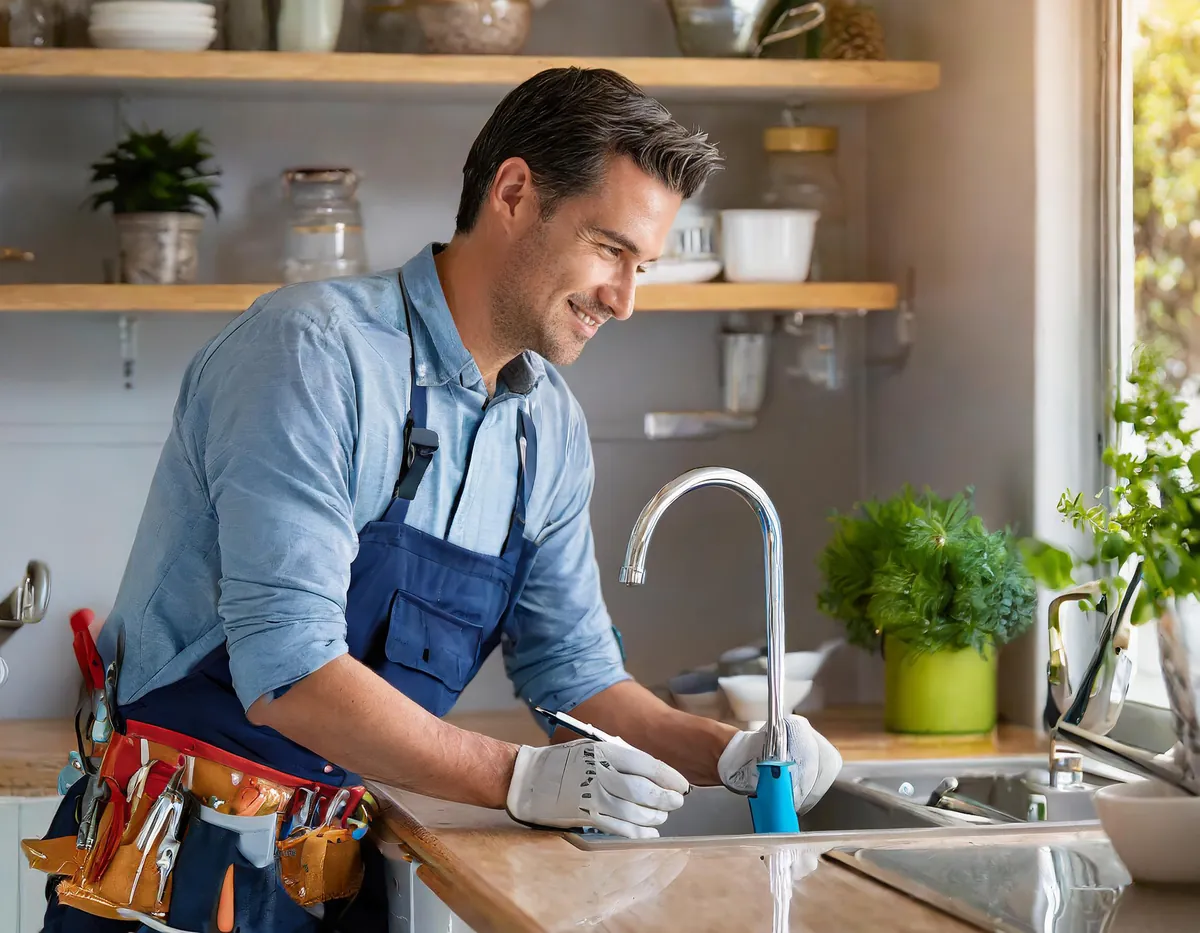 A smiling plumber in an apron fitting a new kitchen tap