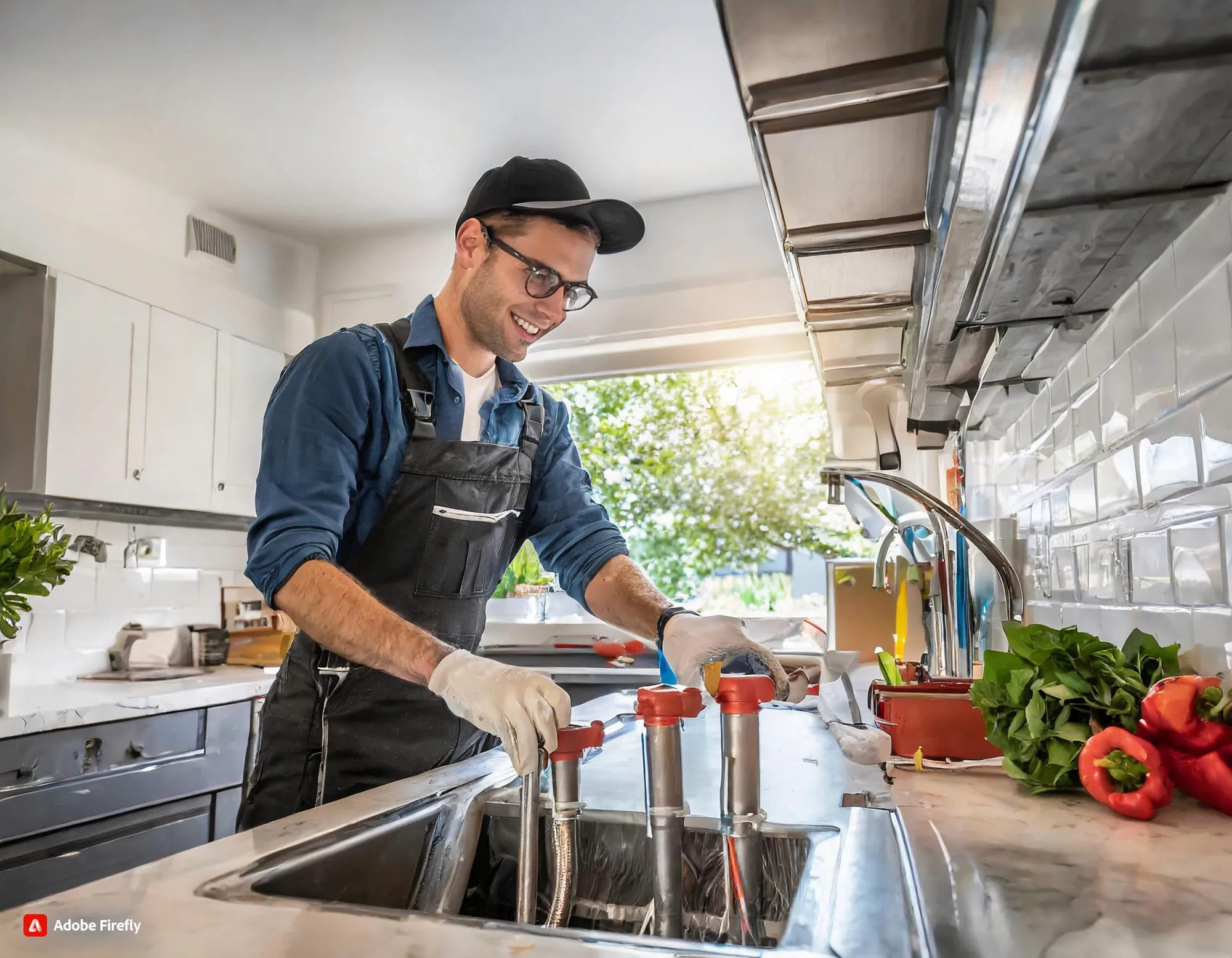 A smiling plumber in glasses and a cap working on a kitchen tap