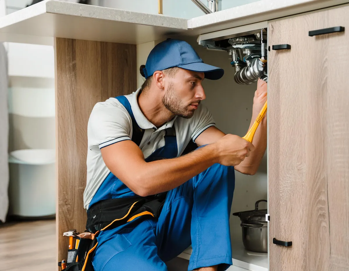 A plumber in a blue cap and overalls fixing the pipes under a kitchen sink