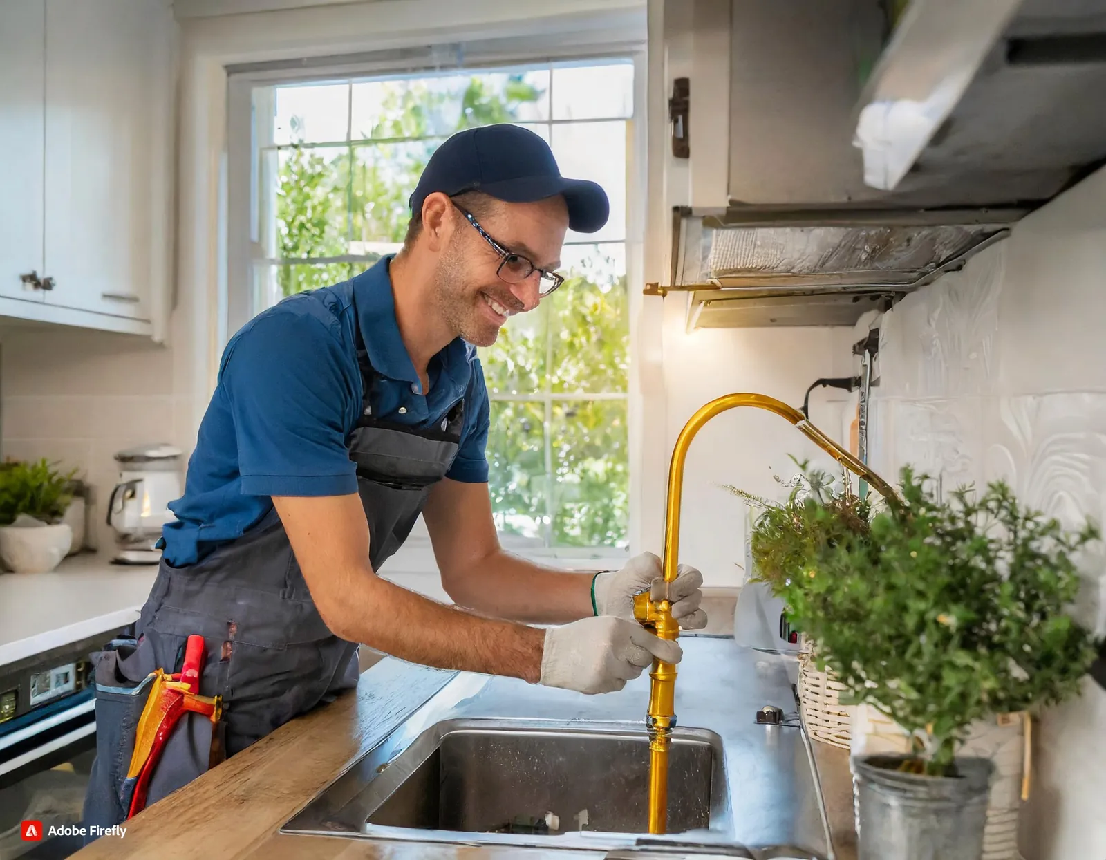 A plumber in a cap fitting a gold kitchen tap