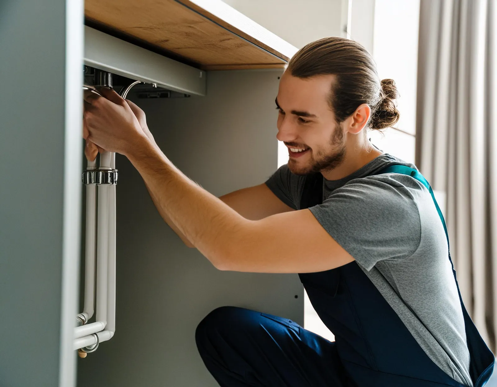 A plumber with a bun reaching up to inspect pipework