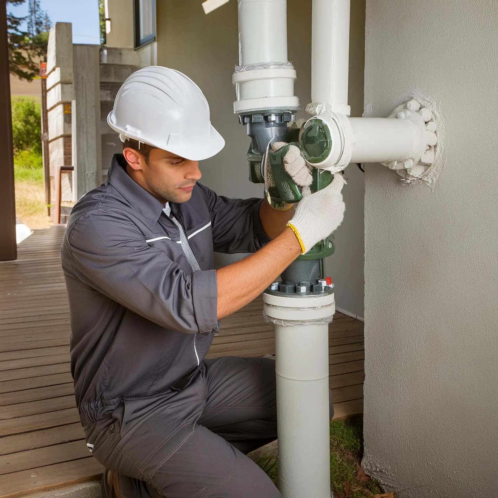 A plumber in a white hard hat working on large drain pipes