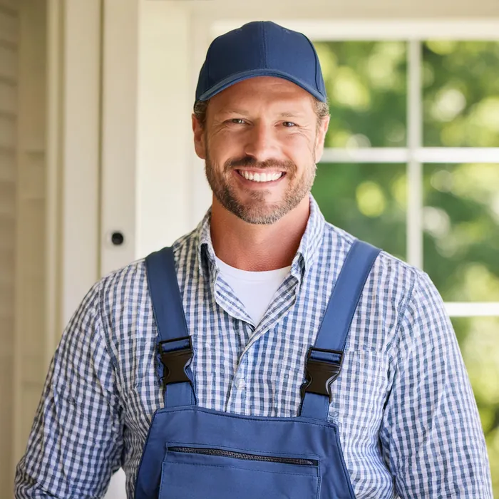 Mike Johnson, principal plumber, smiling in a cap and overalls