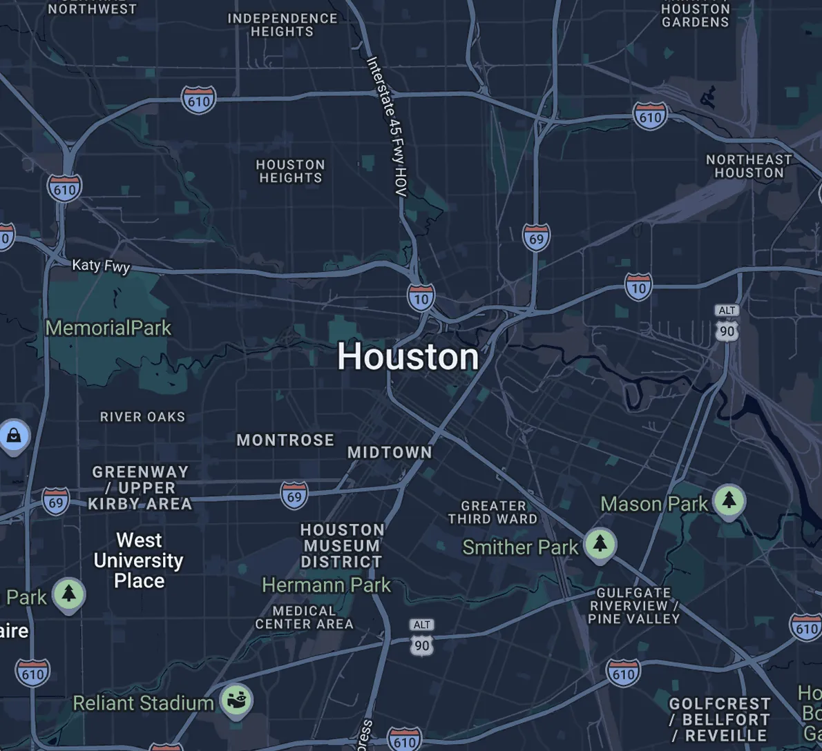 A dark map of Houston and its neighborhoods, the area we serve