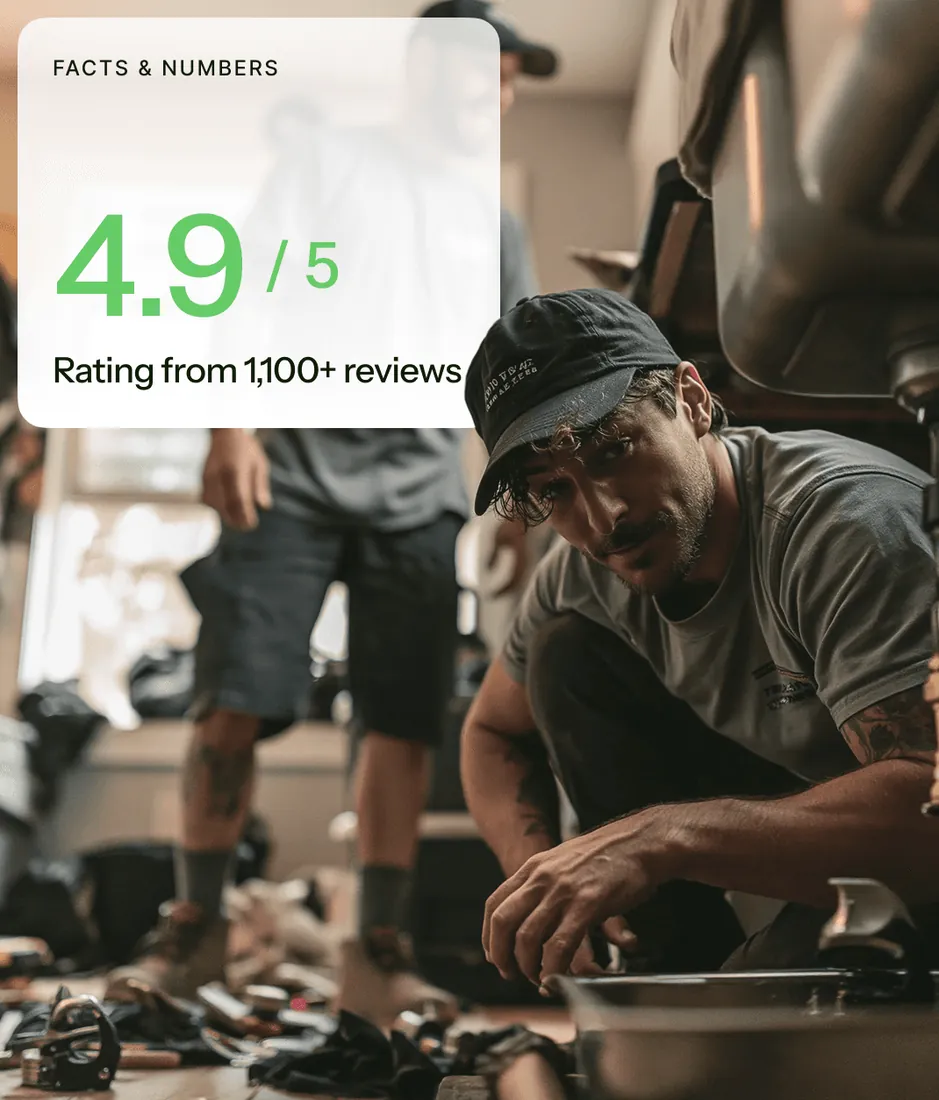 A plumber in a cap kneeling at his work among tools, with a card reading: facts and numbers, 4.9 out of 5, rating from 1,100+ reviews