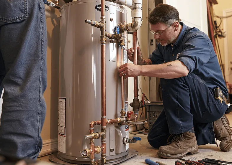 A plumber connecting a new water heater
