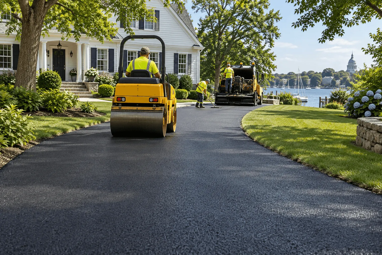 A fresh asphalt driveway with a yellow road roller and the paving crew
