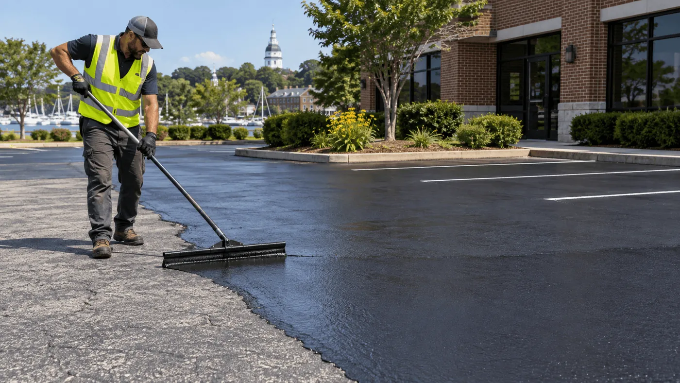 A worker renewing a commercial asphalt surface with sealcoat