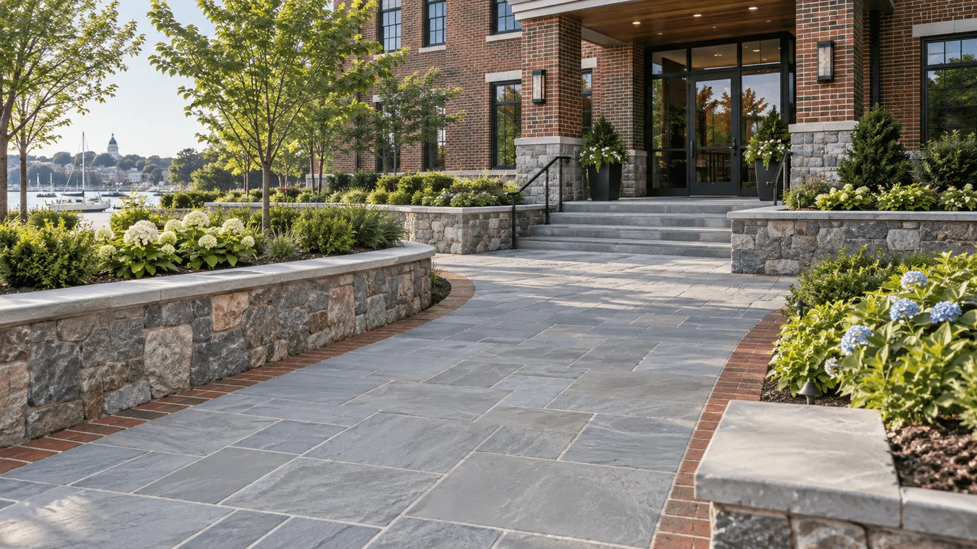 A stone walkway and low masonry walls at a commercial entrance
