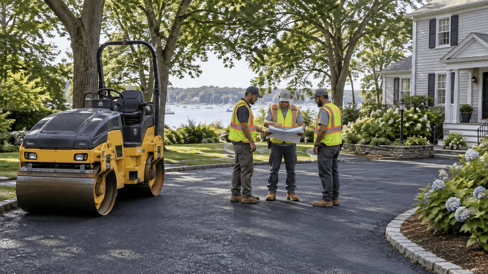 A paving crew going over plans beside a road roller near the water