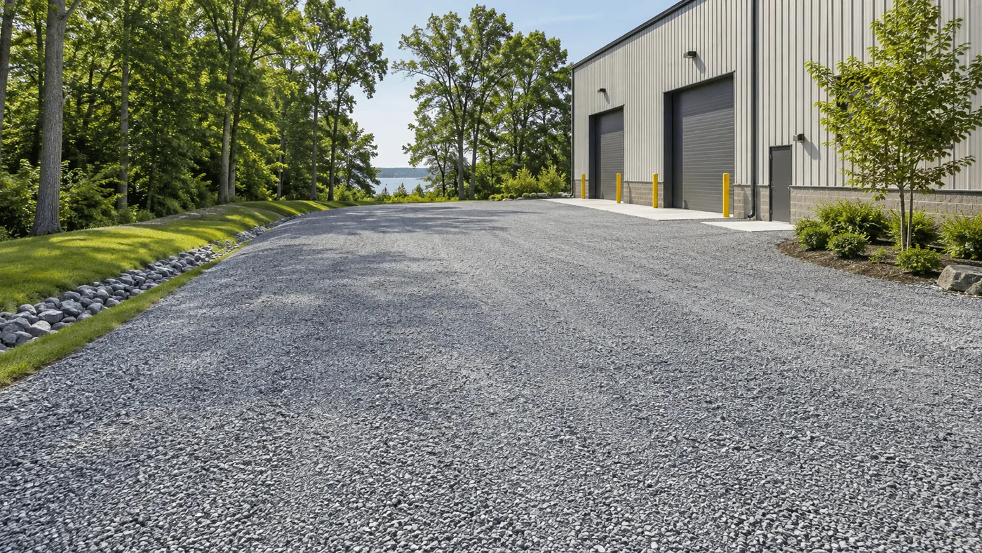 A graded gravel access drive beside a commercial building