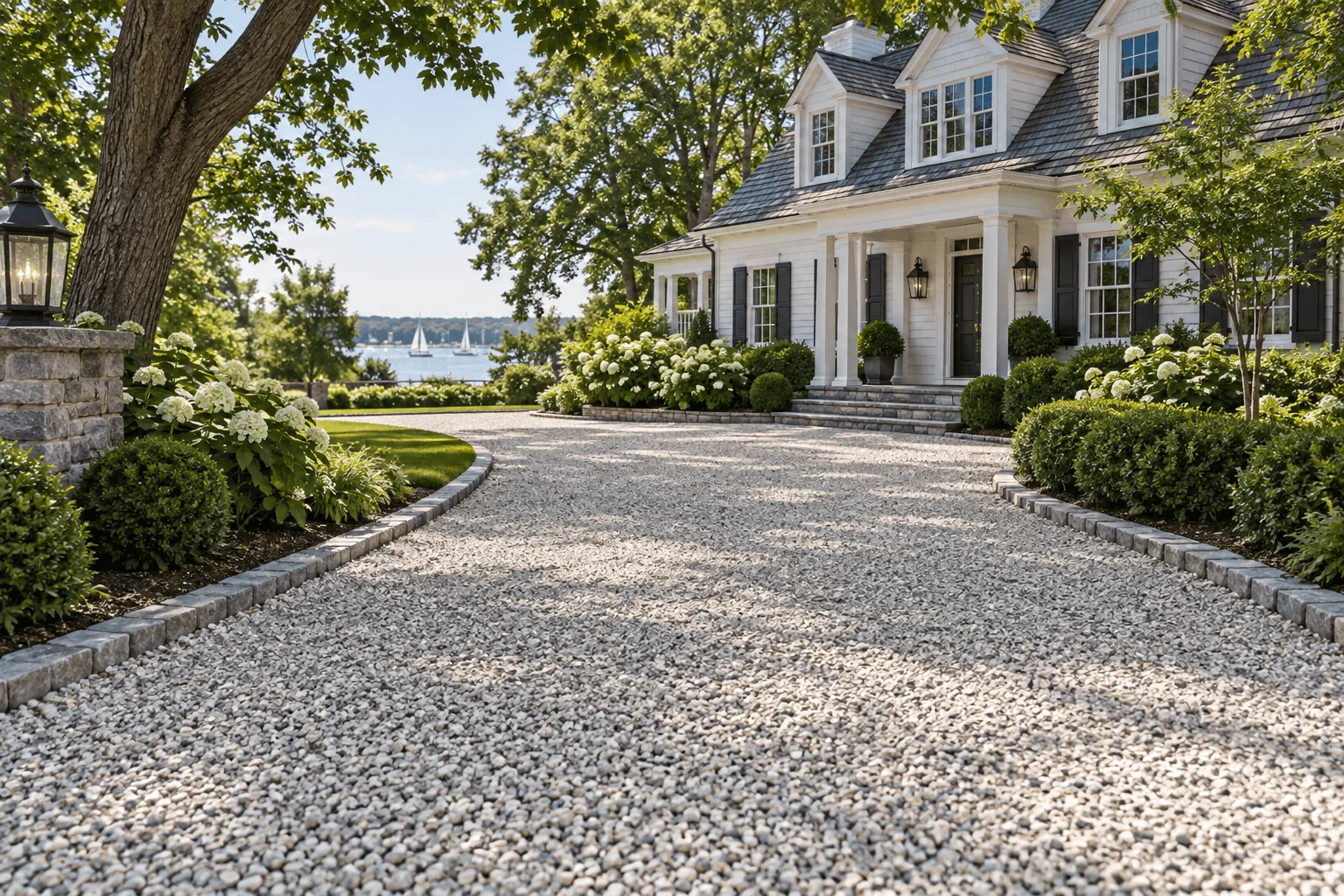 A gravel driveway bordered by stone and green landscaping