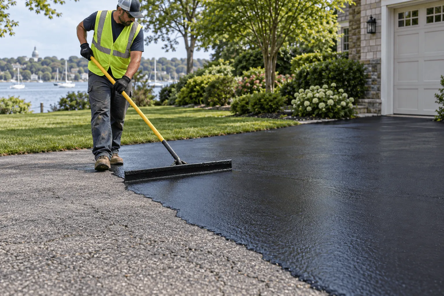 A worker applying a fresh sealcoat to a residential driveway