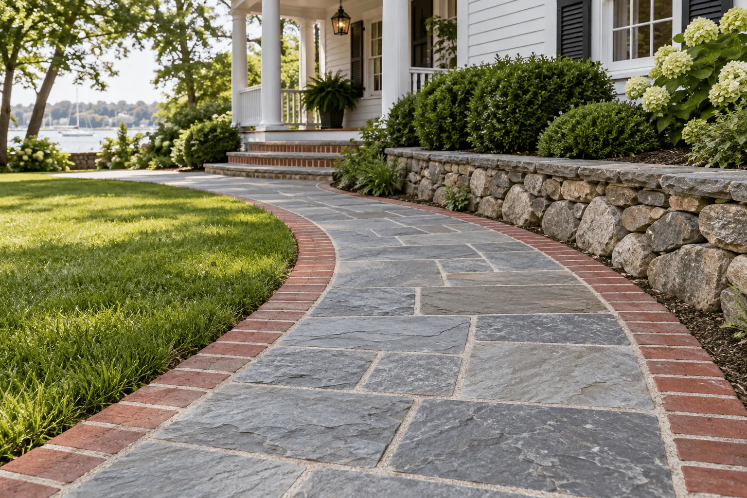 A natural stone walkway with brick edging and a fieldstone wall