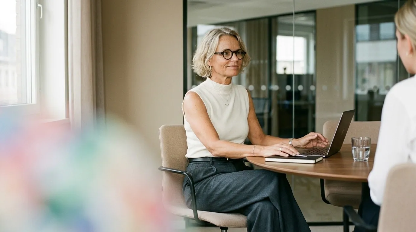 An advisor with glasses working through numbers on a laptop with a founder