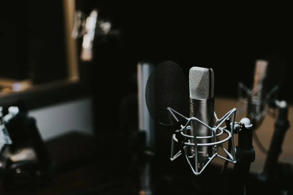 A microphone in a dark recording studio