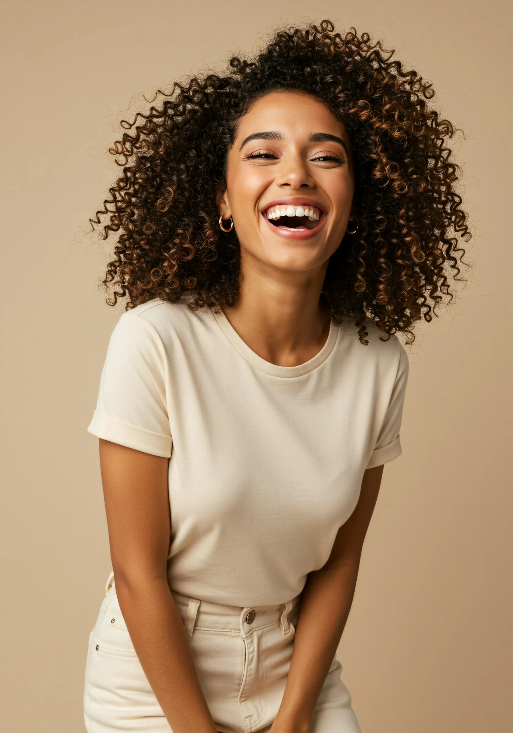A laughing woman with curly hair