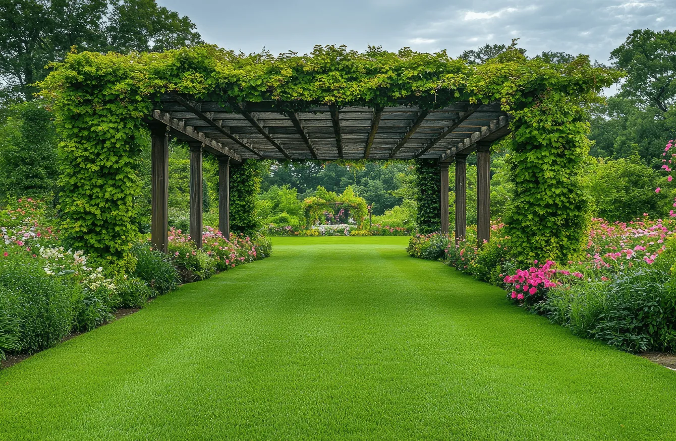 A pergola over a long striped lawn
