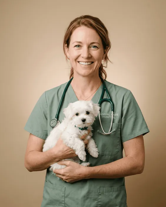 Dr. Emily Hart holding a small white dog