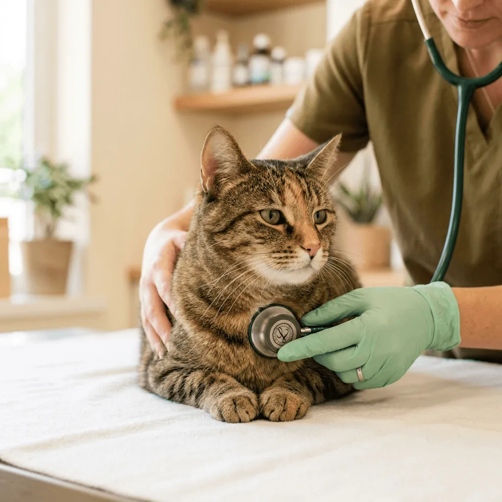 A vet listening to a calm tabby cat’s heart with a stethoscope