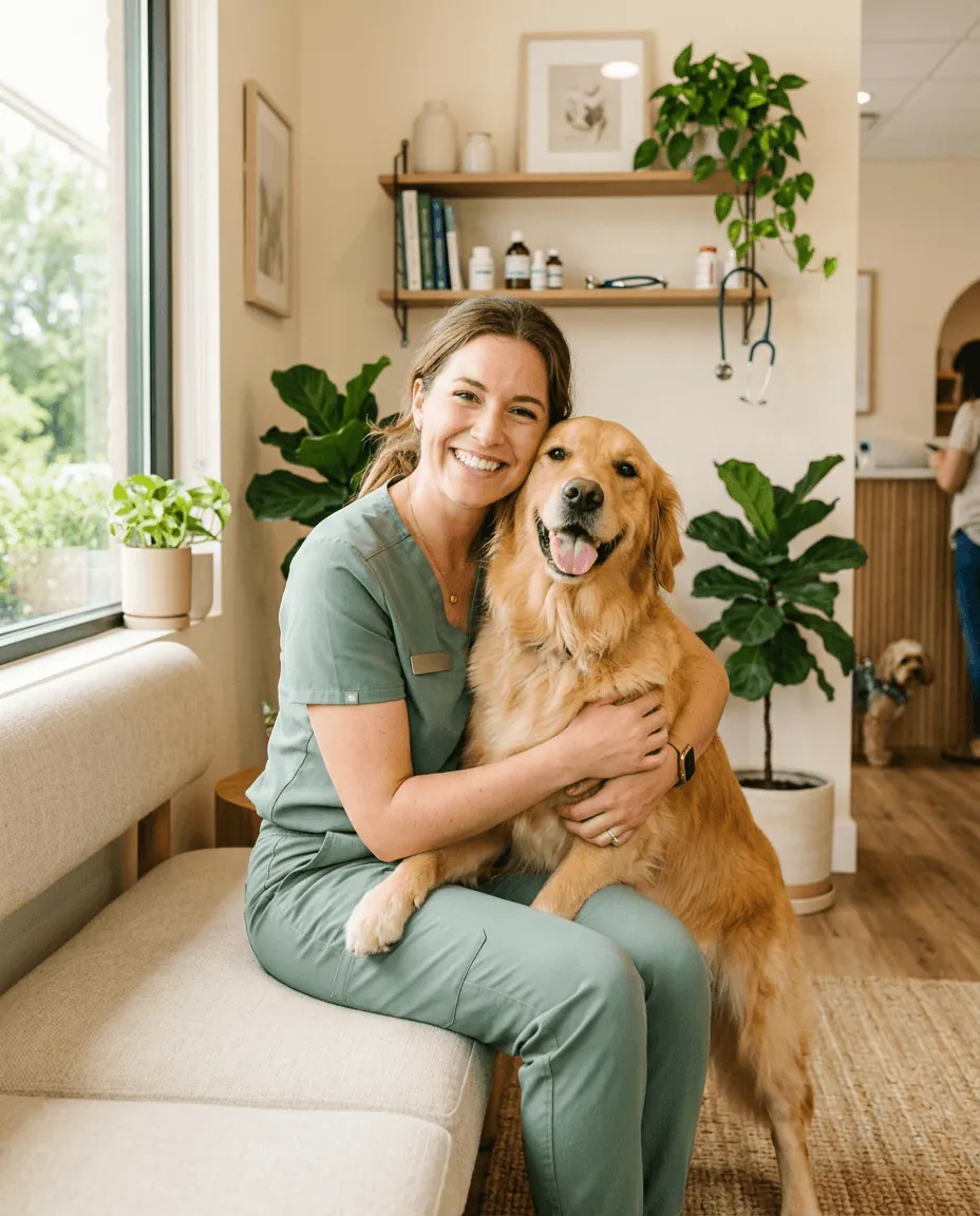 A smiling vet nurse hugging a golden retriever in a bright clinic room