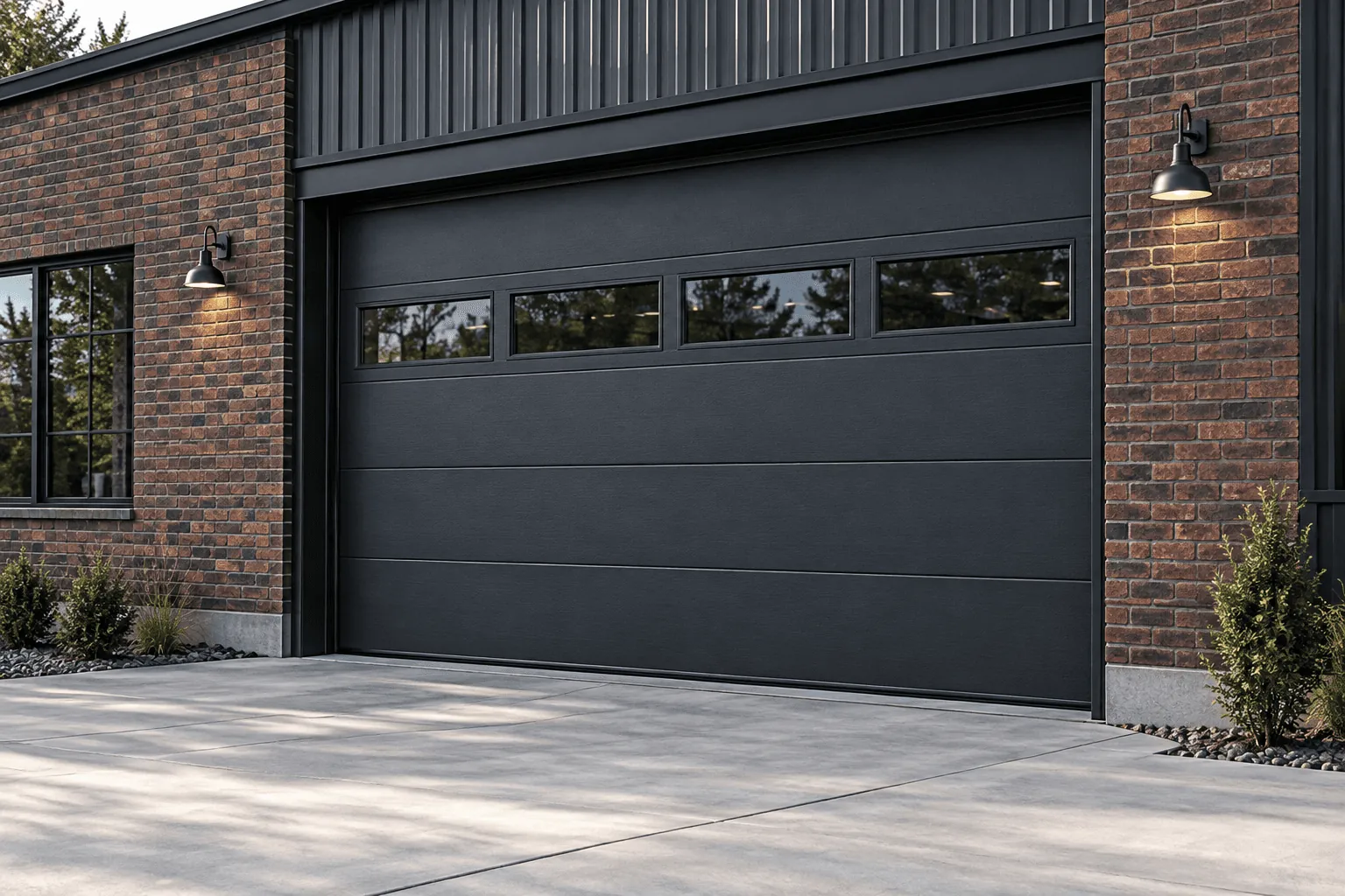 A dark commercial overhead door with a row of windows on a brick building