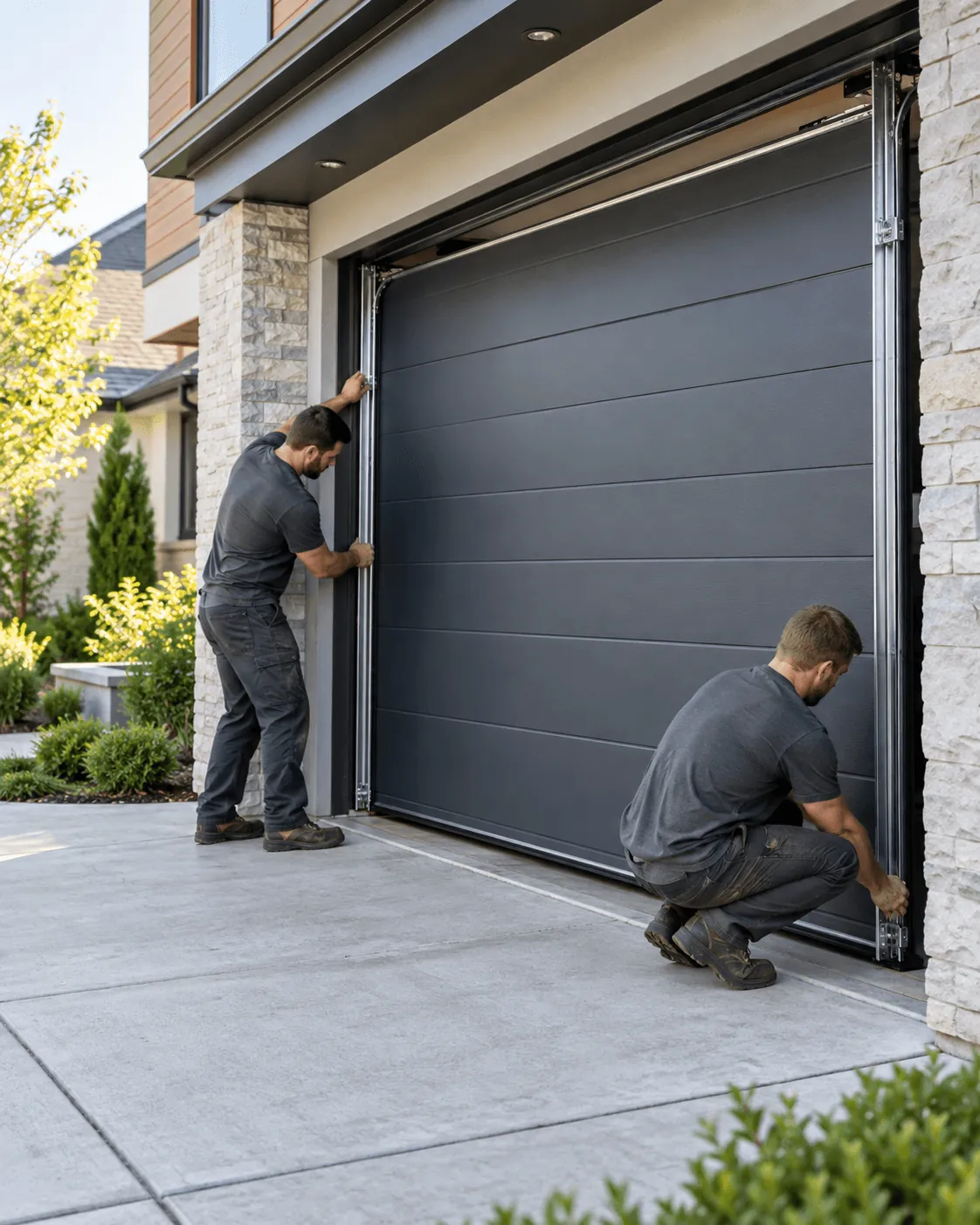 Two technicians fitting a new charcoal garage door