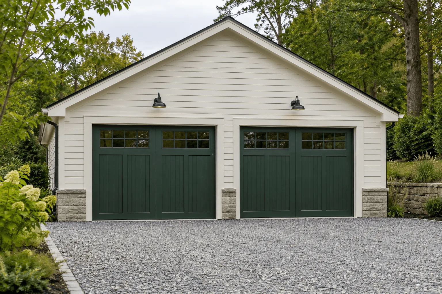 A white detached garage with two green carriage doors and a gravel drive