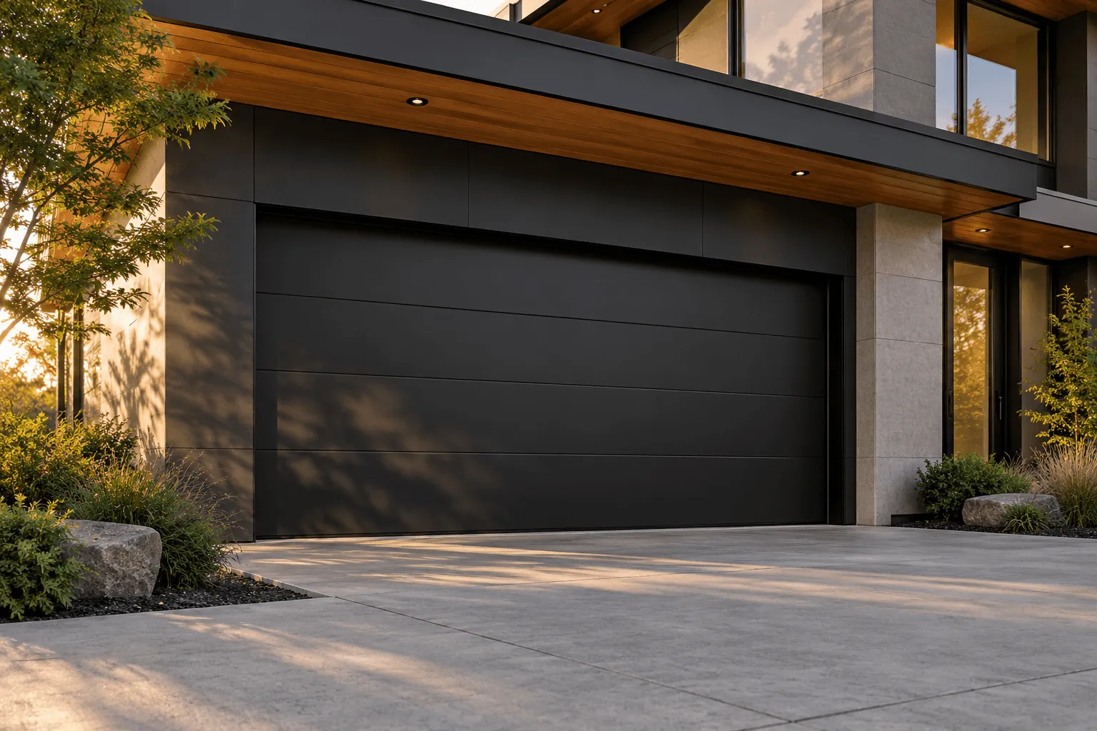 A black flush-panel garage door on a contemporary home