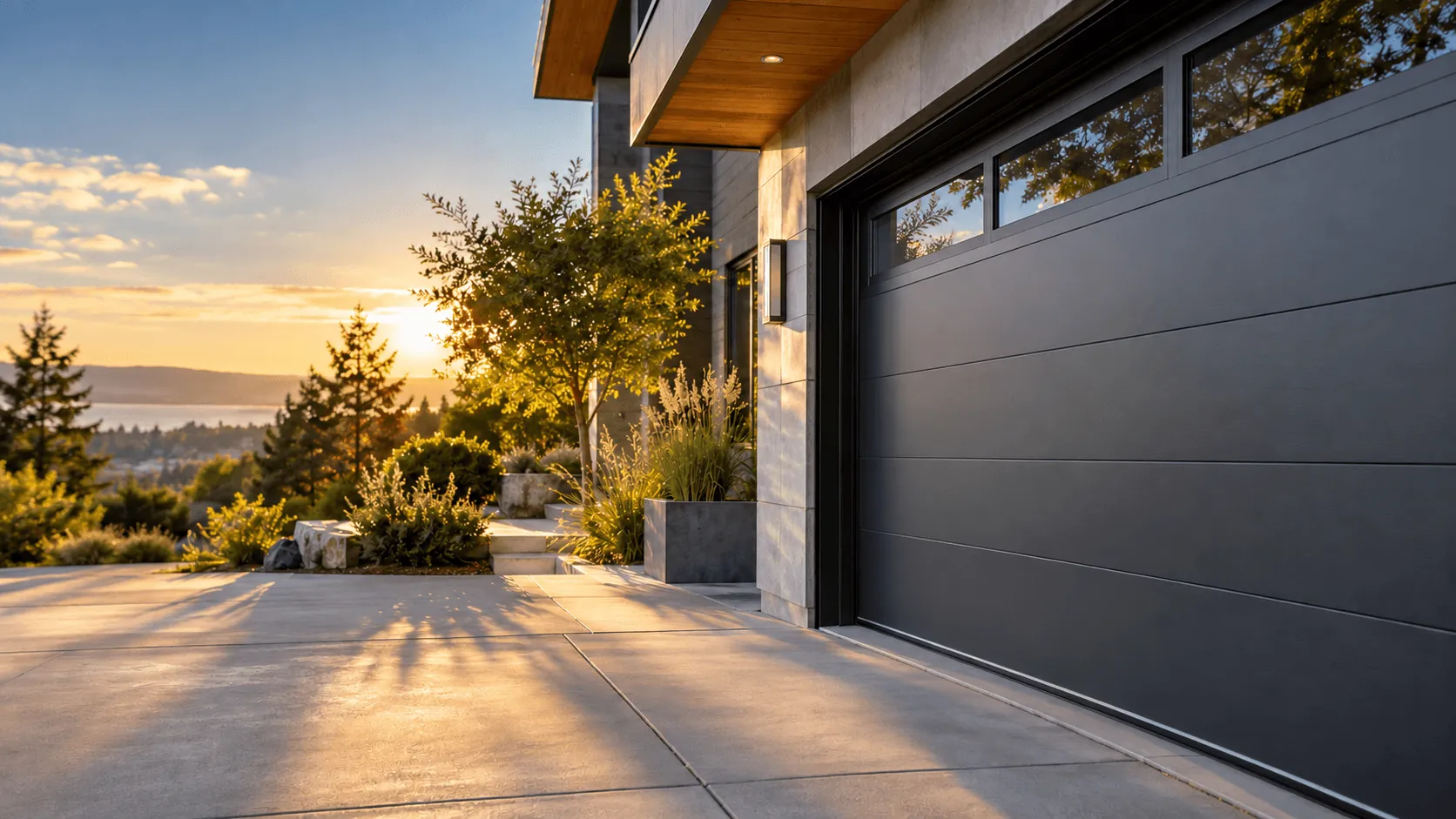 A modern home with a dark flush-panel garage door at sunset