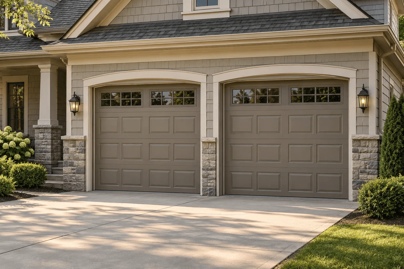 Two taupe raised-panel garage doors on a stone home