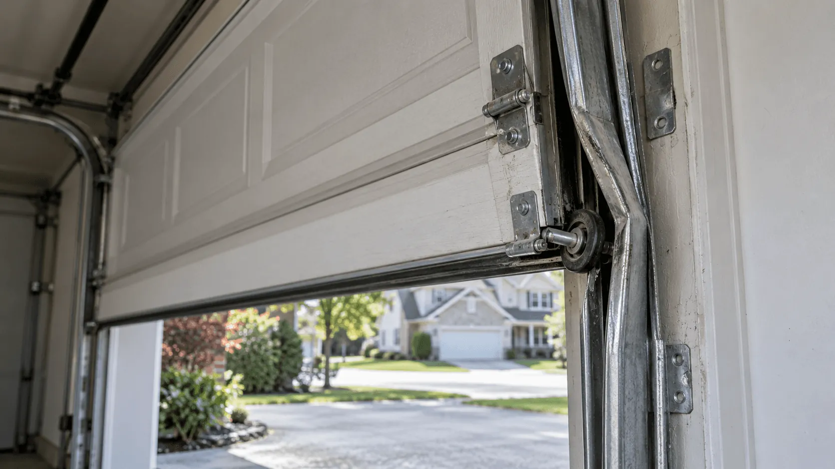 A bent garage door track with a roller pulled off the rail