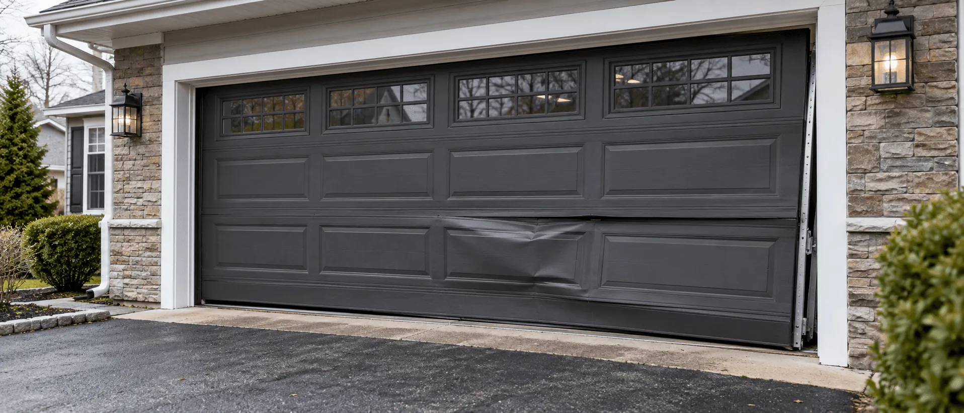 A charcoal garage door with a dented, damaged panel