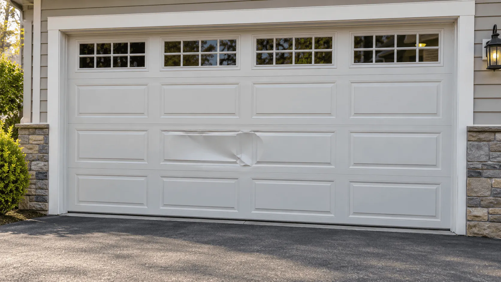A white garage door with one dented panel ready for replacement