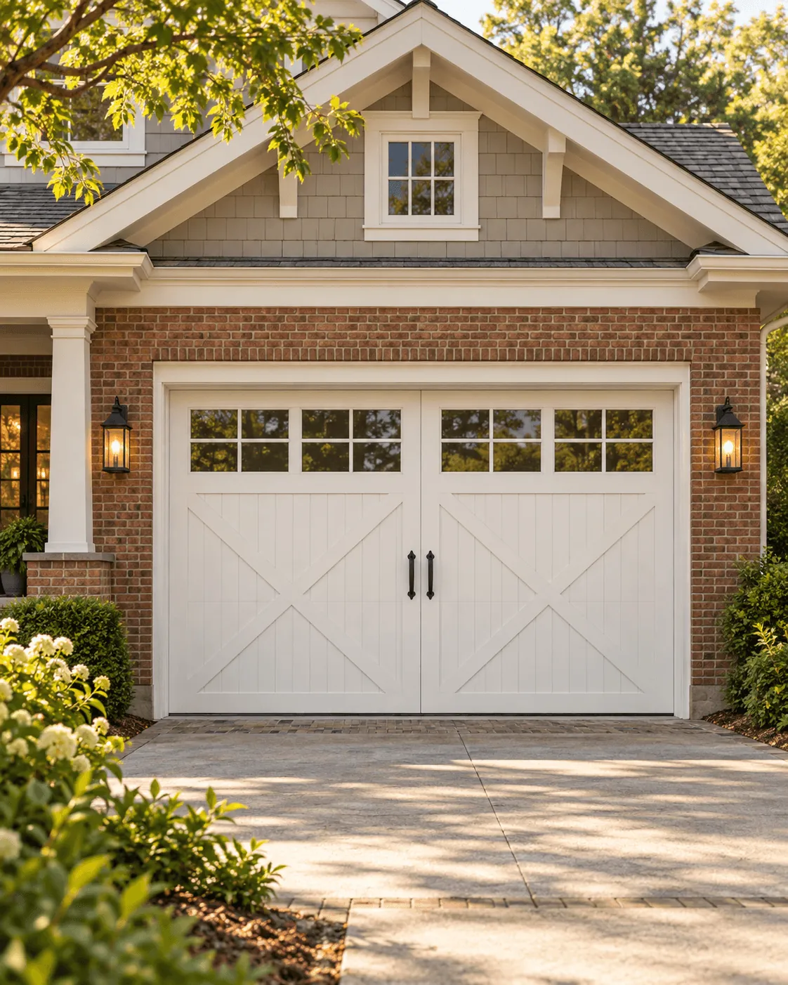 A white carriage-house garage door with windows across the top