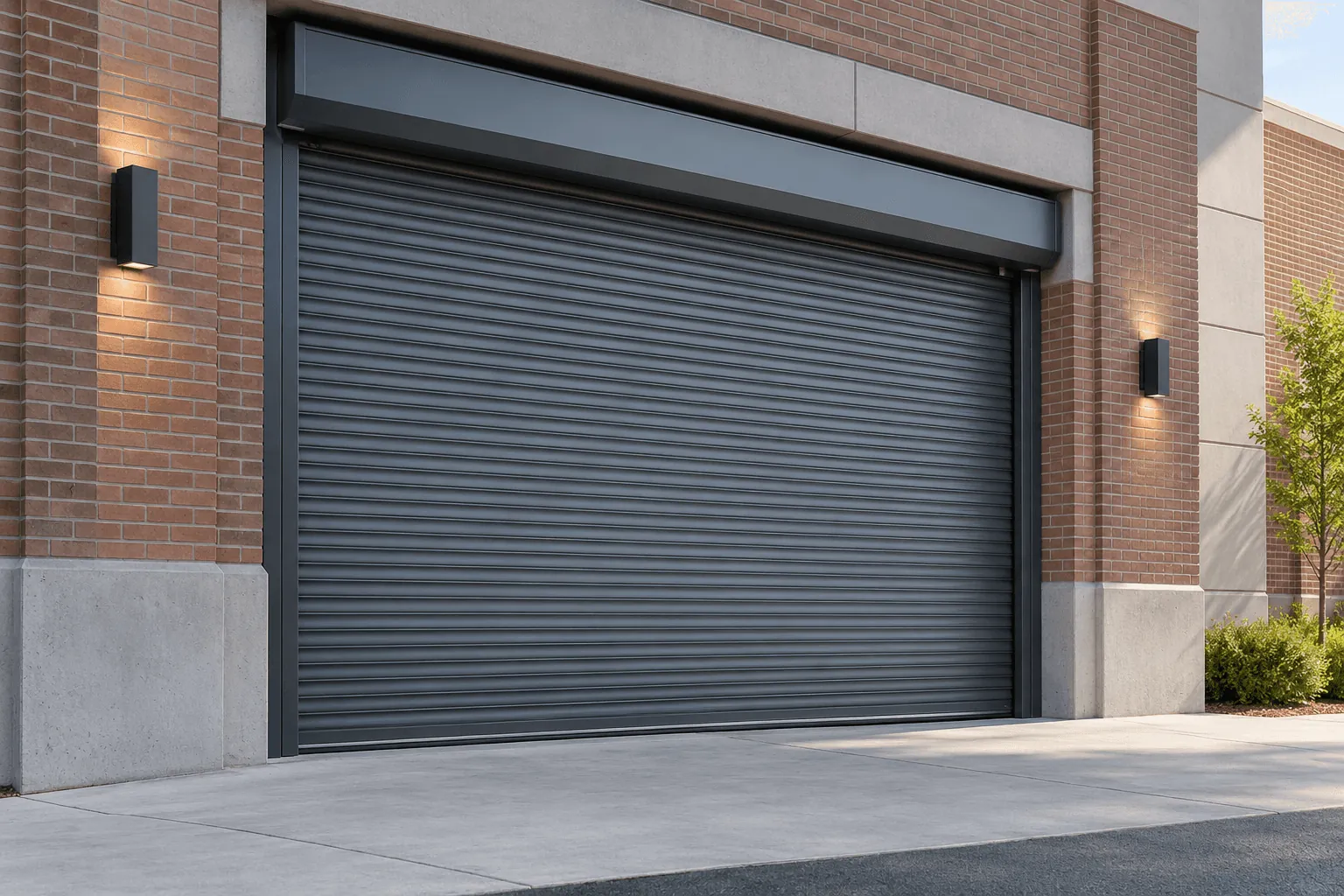 A rolling steel door on a brick commercial building