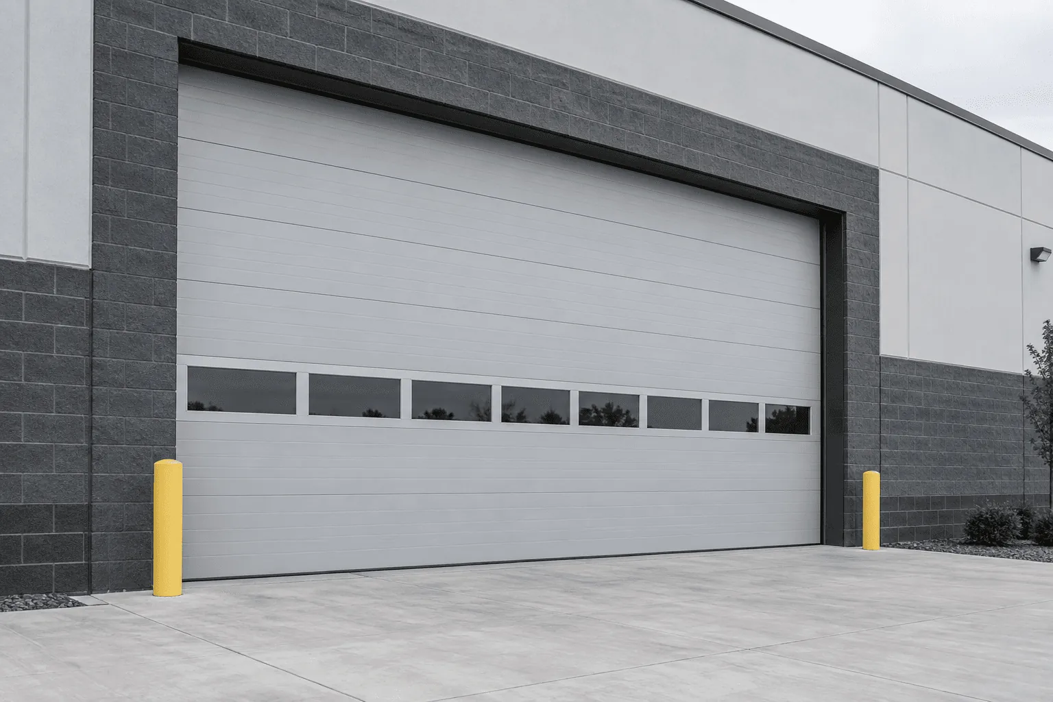 A grey commercial sectional steel door with a row of windows