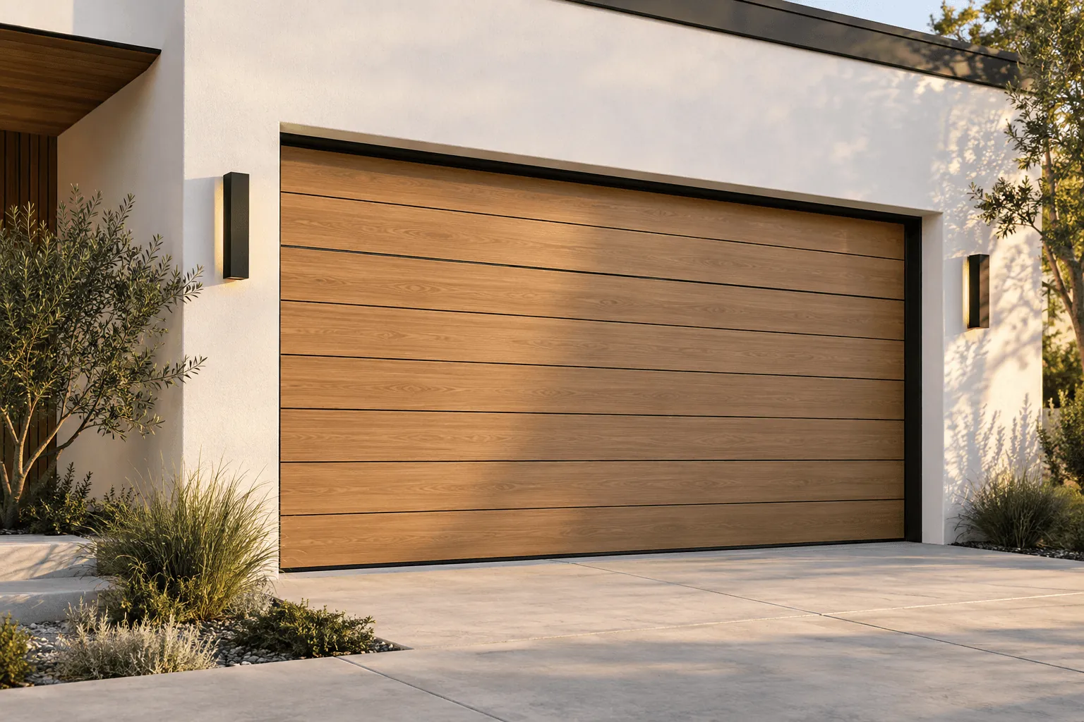 A wood-look horizontal plank garage door on a modern house