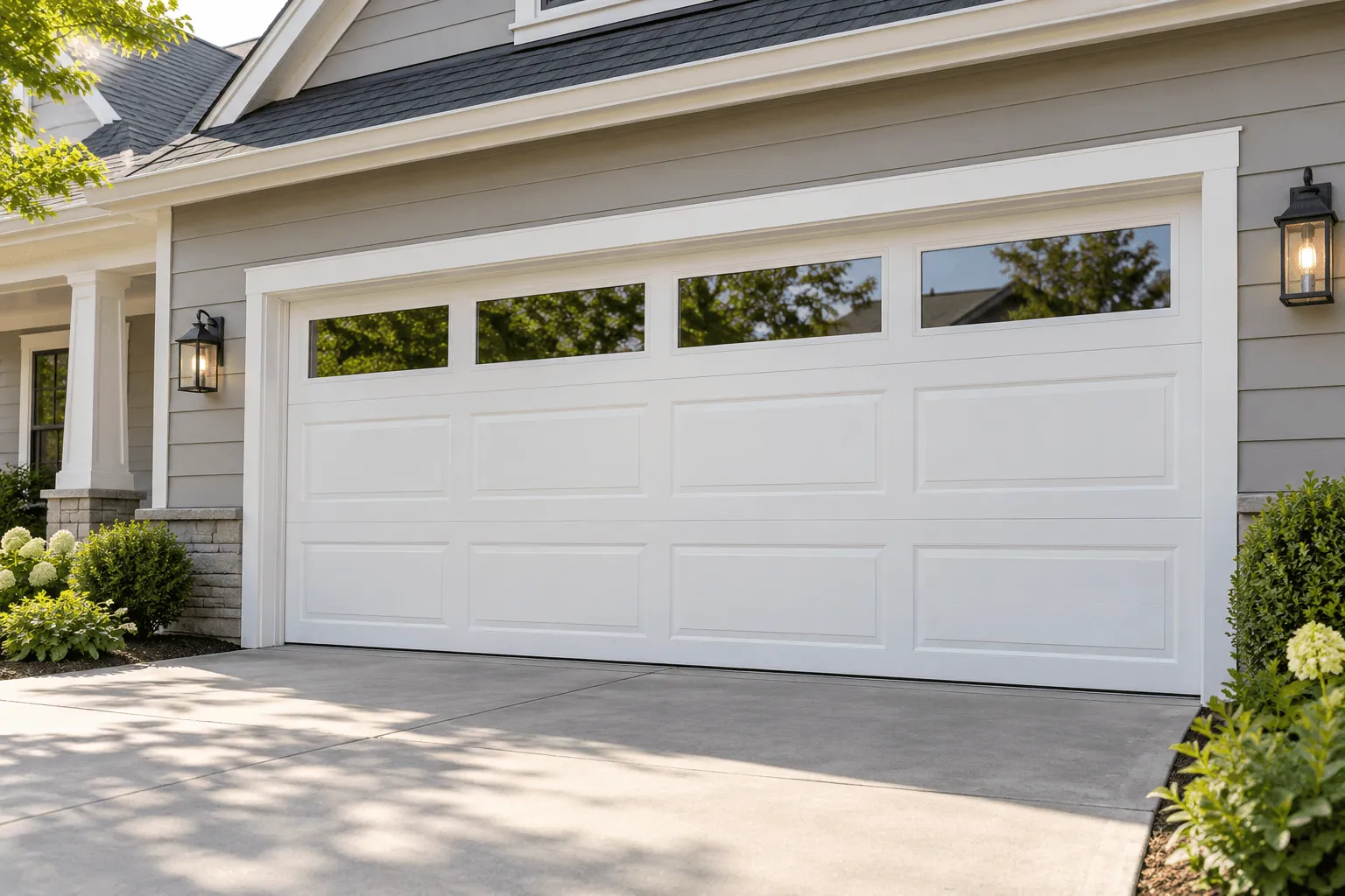 A white long-panel garage door with windows on a grey house