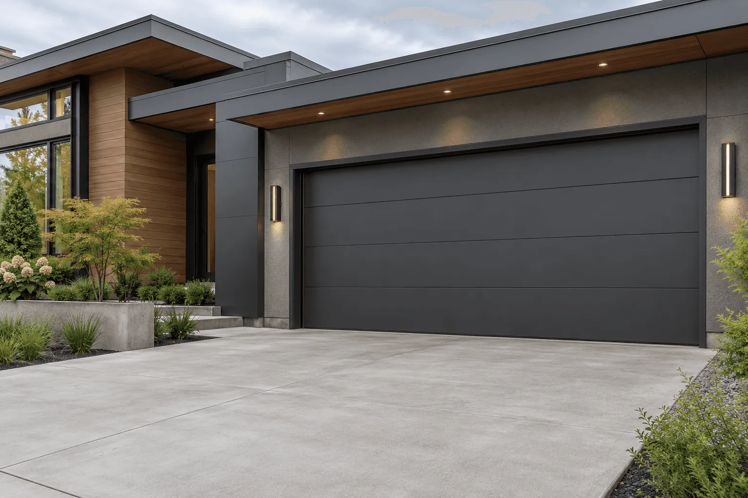 A modern flush garage door in charcoal on a contemporary home