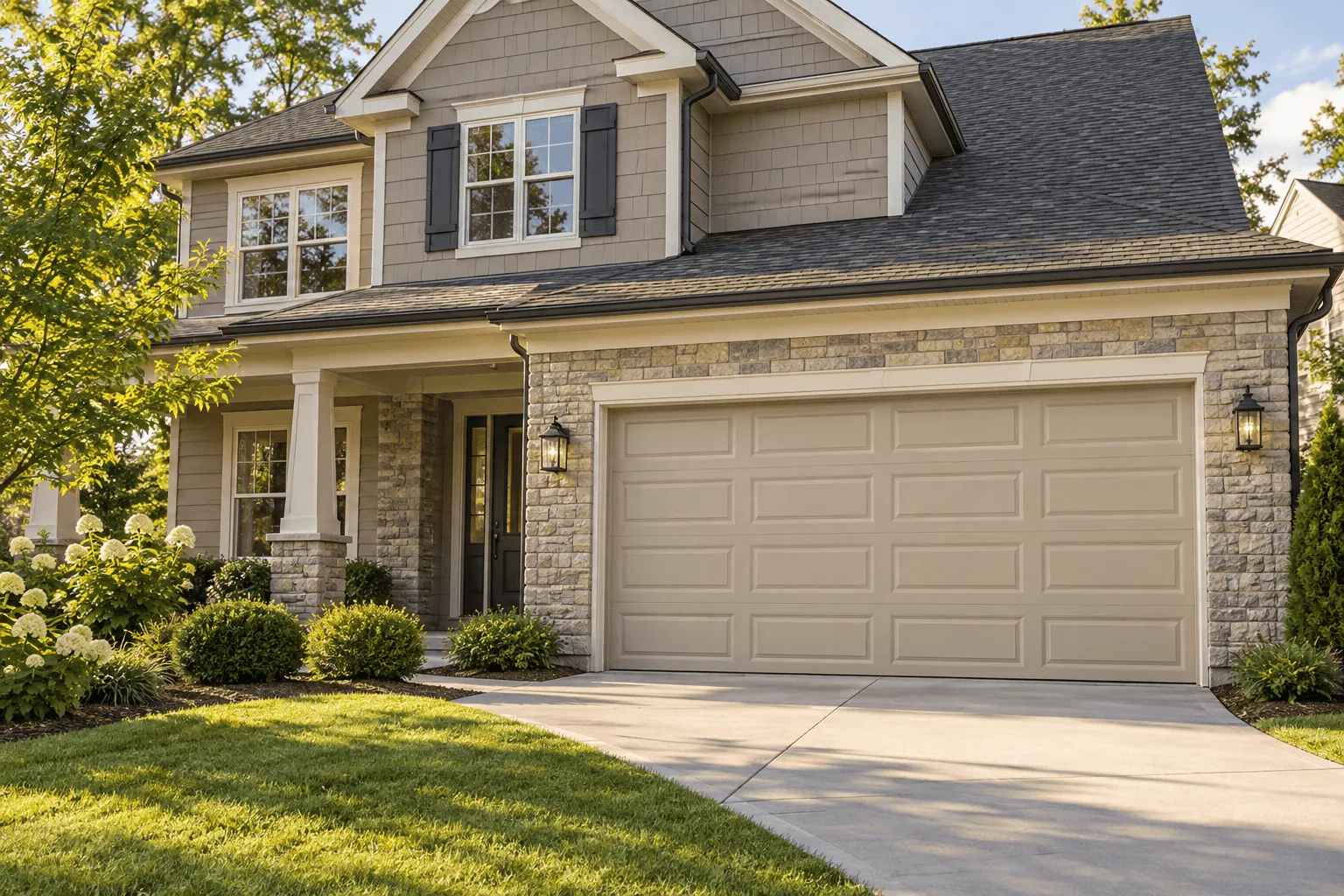 A beige raised-panel garage door on a two-storey home